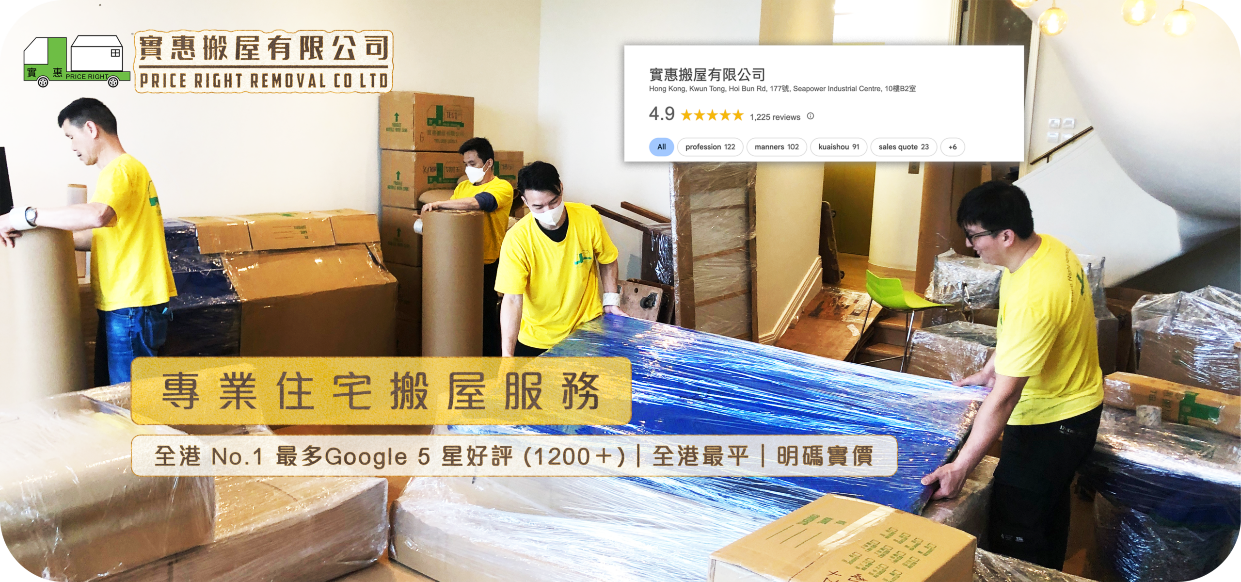 實惠搬屋公司專業住宅搬屋團隊正在為大型傢俬進行防護包裝，圖中四位穿著黃色制服的搬運師傅合作無間。背景顯示實惠搬屋擁有全港 No.1 最多 Google 5 星好評 (1200+) 及 4.9 分極高評價，並標榜全港最平及明碼實價，是香港極具口碑的搬屋公司推介首選。