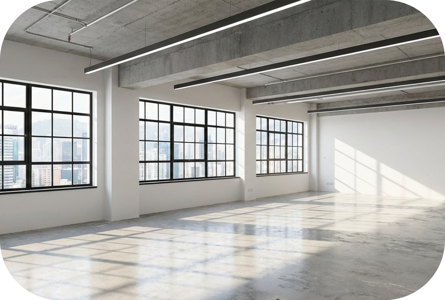 商業寫字樓完成還原工程後的空置狀態，已拆除間隔及假天花，並完成商業廢物棄置及辦公室清場。