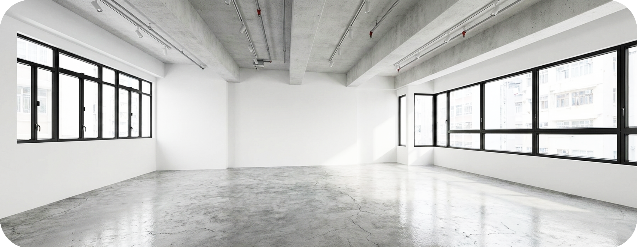 寬敞的商業寫字樓在完成還原工程後的清水房狀態，已拆除所有辦公室間隔及傢俬，地面及天花光潔如新，準備退租交收。