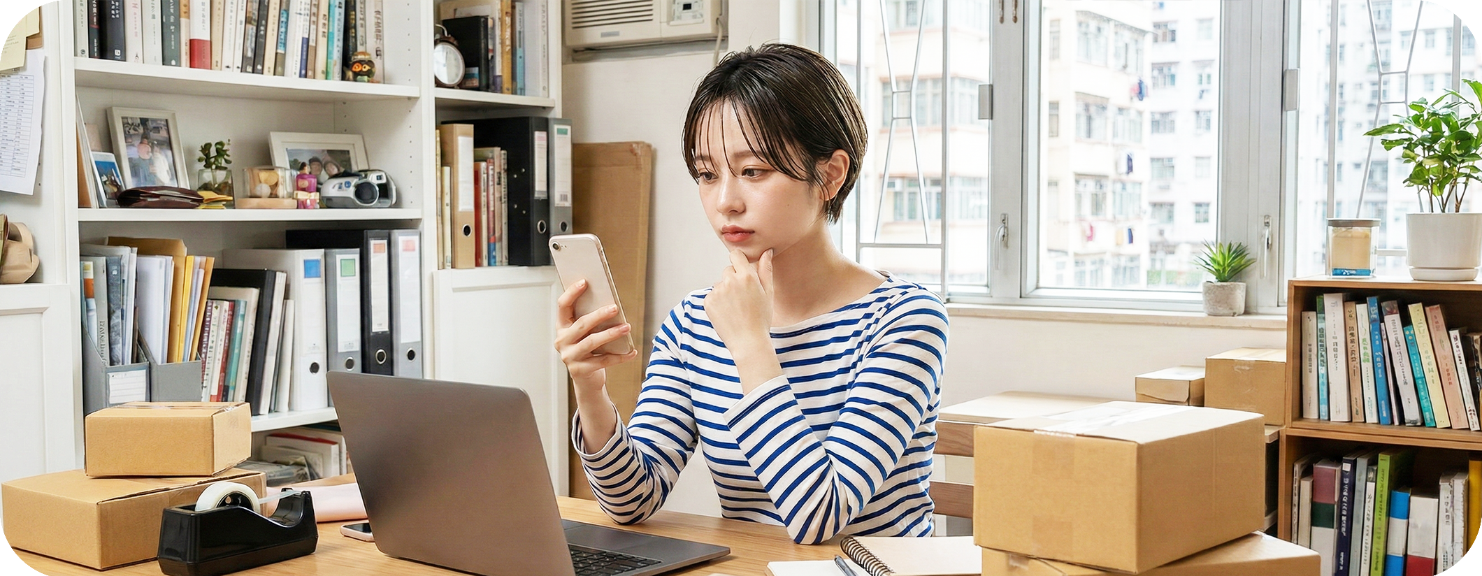 實惠常見問題及搬家貼士 - 女士正在計劃搬遷，提供執箱教學、搬家核對清單及常見疑問解答 (Moving FAQ, Packing Tips & Moving Checklist)