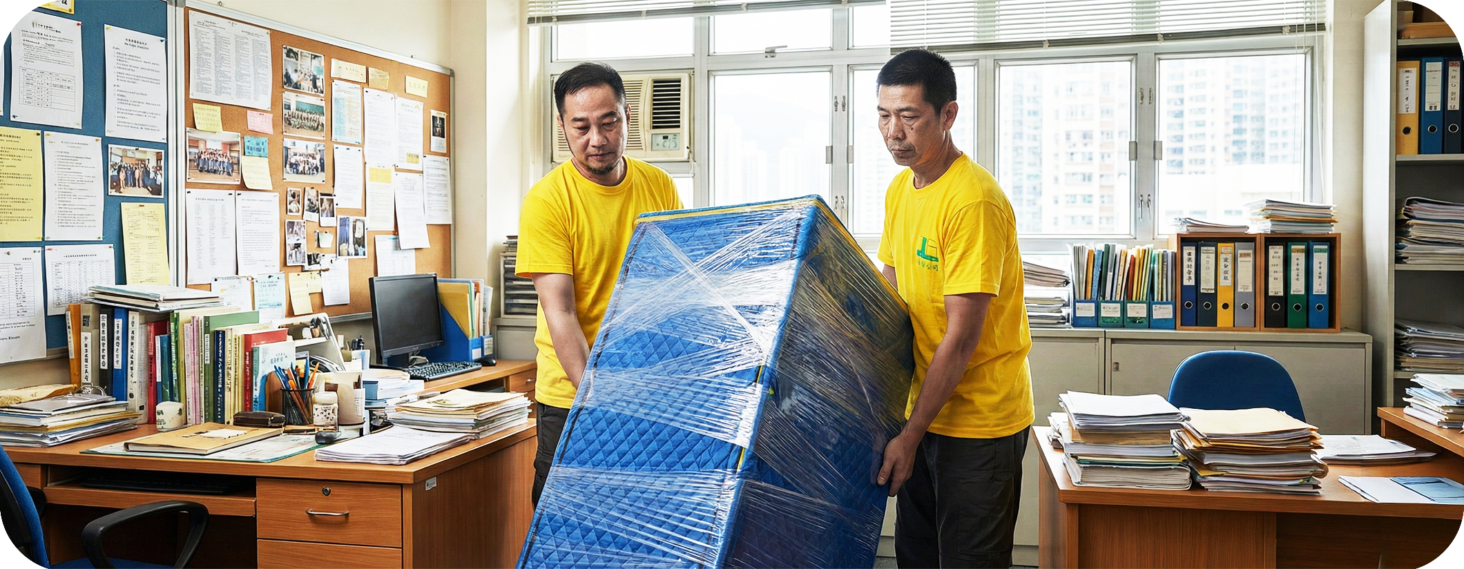 實惠搬屋團隊兩位師傅在學校教員室或機構辦公室內，搬運已包裹藍色保護膜的鐵製儲物櫃。展示針對教育機構、社福機構及非牟利組織的專業搬遷服務。
