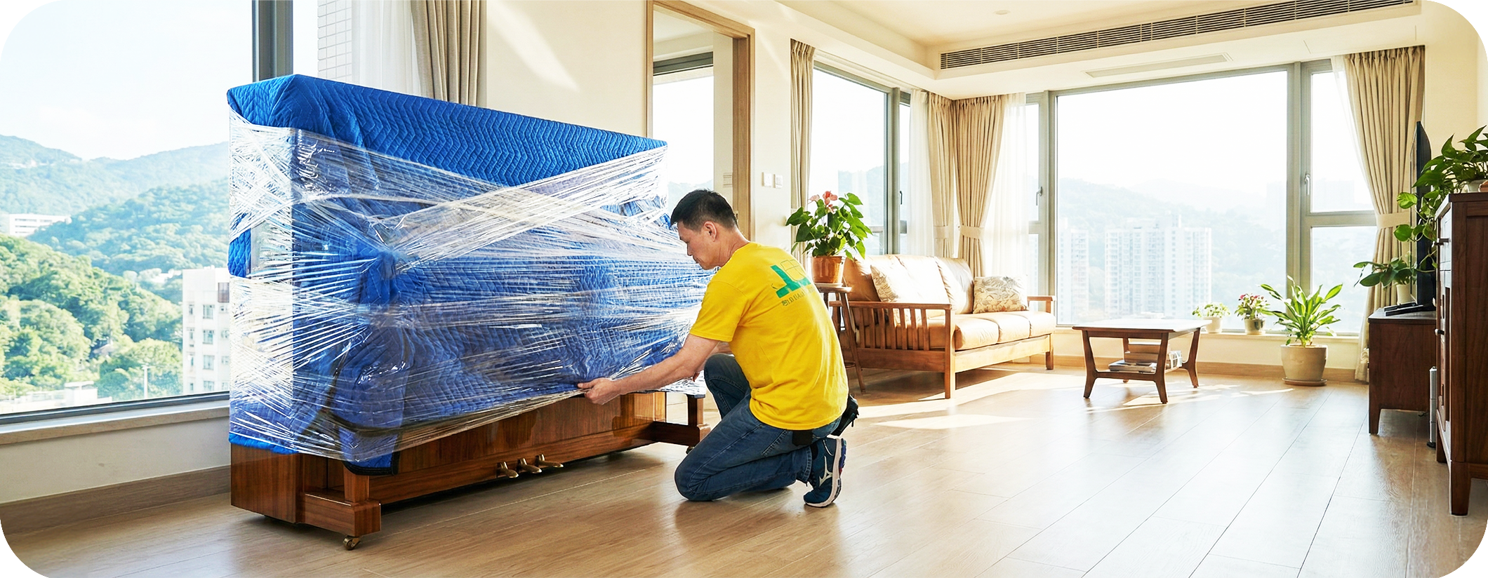 實惠搬屋師傅在獨立屋寬敞客廳中，專注地為直立式鋼琴進行多層防護包裹。展示針對豪宅及別墅的五星級白手套搬運服務，提供名畫、古董及鋼琴的博物館級包裝，並能處理私家路泊車限制。