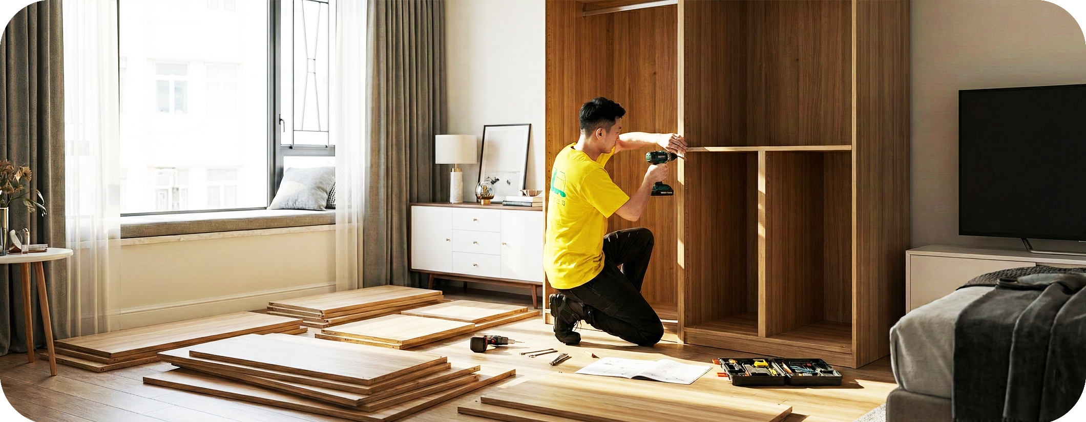 實惠搬屋公司專業師傅正在新居現場進行淘寶傢俬安裝服務，細心組裝大型木製衣櫃。展示代客安裝淘寶傢俬及處理板式傢俬的專業技術，為客戶提供從集運搬運到上門安裝的一條龍搬屋增值服務。