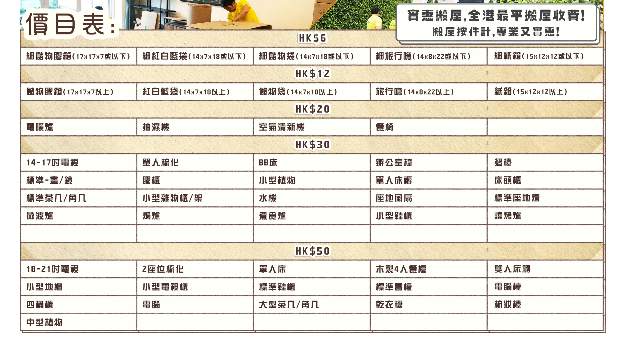 實惠搬屋公司基礎收費價目表，列明全港最平搬屋價格$6起，涵蓋紅白藍袋、膠箱、微波爐及小型傢俬如床頭櫃、鞋櫃的逐件搬運價錢。