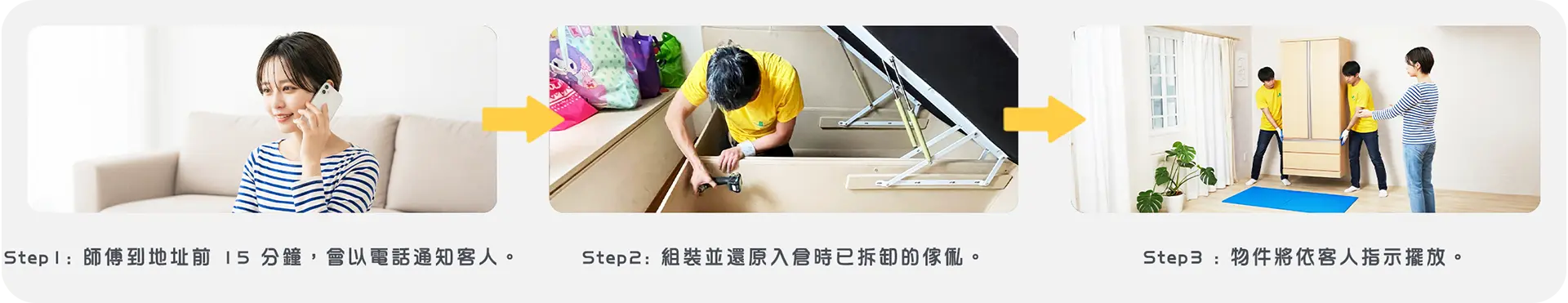 實惠搬屋出倉搬運當日流程圖 (SOP)，展示新居入伙的三個關鍵步驟：1. 送貨師傅到達前電話預約；2. 提供專業傢俬組裝服務，還原入倉時已拆卸的油壓床或衣櫃；3. 按客人指示將傢俬定位擺放，完成一條龍搬屋存倉服務。