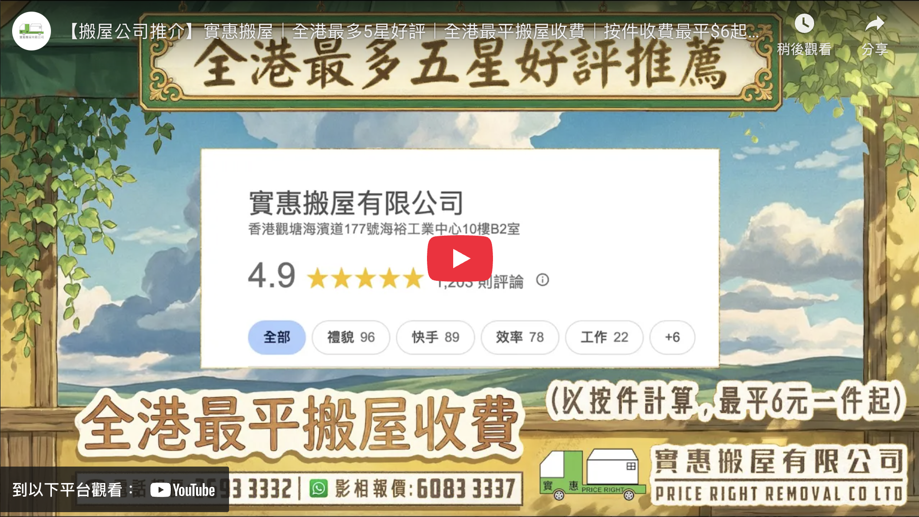 實惠搬屋商業搬遷服務信心保證：全港最多 Google 五星好評 (1203個) 及 4.9 高分推介，配合全港最平搬屋收費按件計算 $6 起，是企業與寫字樓搬運的最佳合作夥伴。