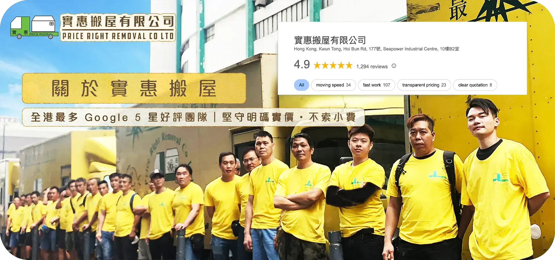 實惠搬屋專業團隊合照 - 全港最多 Google 5 星好評的香港搬屋公司(1294條Google五星好評)，展示堅守明確實價及不索小費的服務承諾。